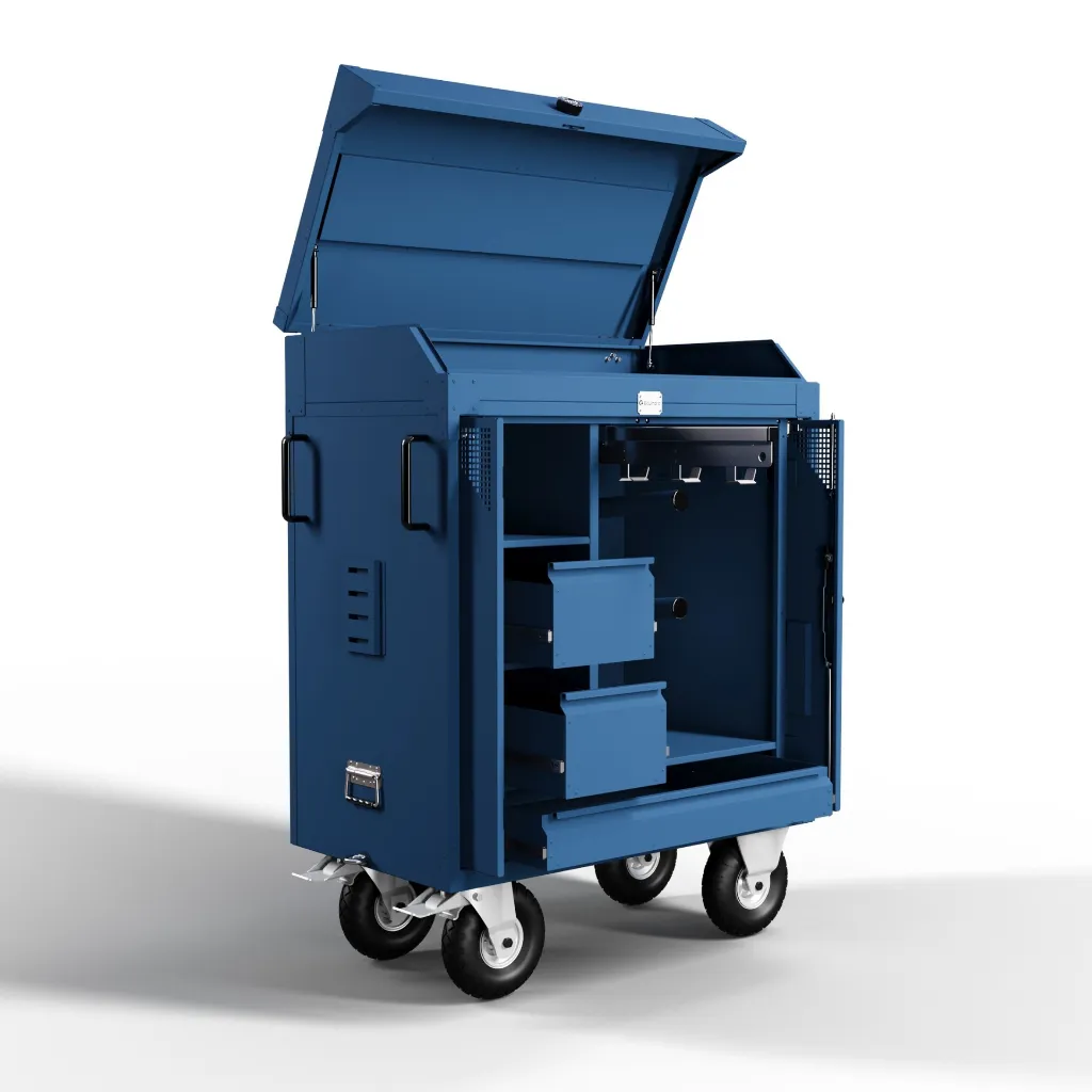 RiderBox M Alu Signature avec coffre 5011 Bleu acier Ouvert.webp